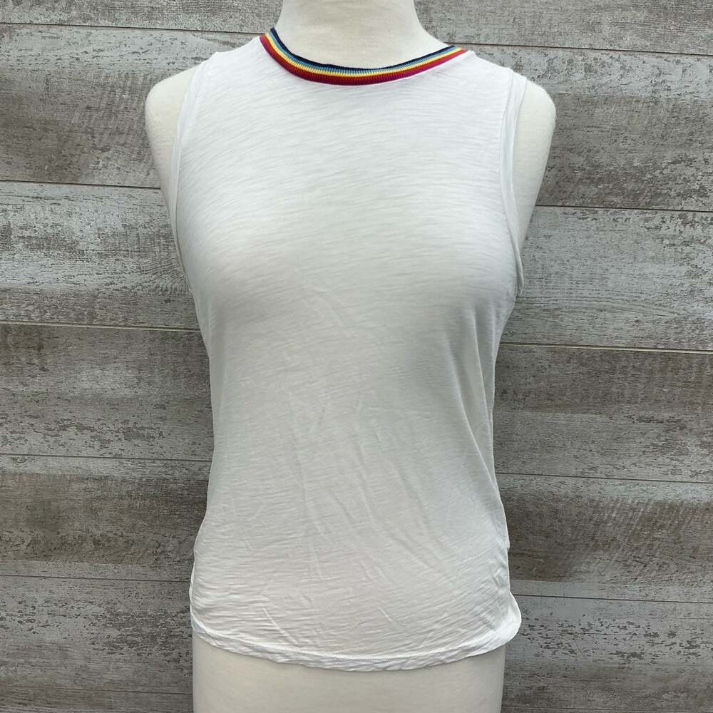 Goldie Lewinter Women's Medium White Tank Top with Rainbow Ringer Crew Neck